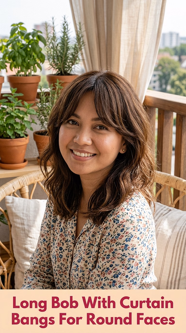 Long Bob With Curtain Bangs For Round Faces