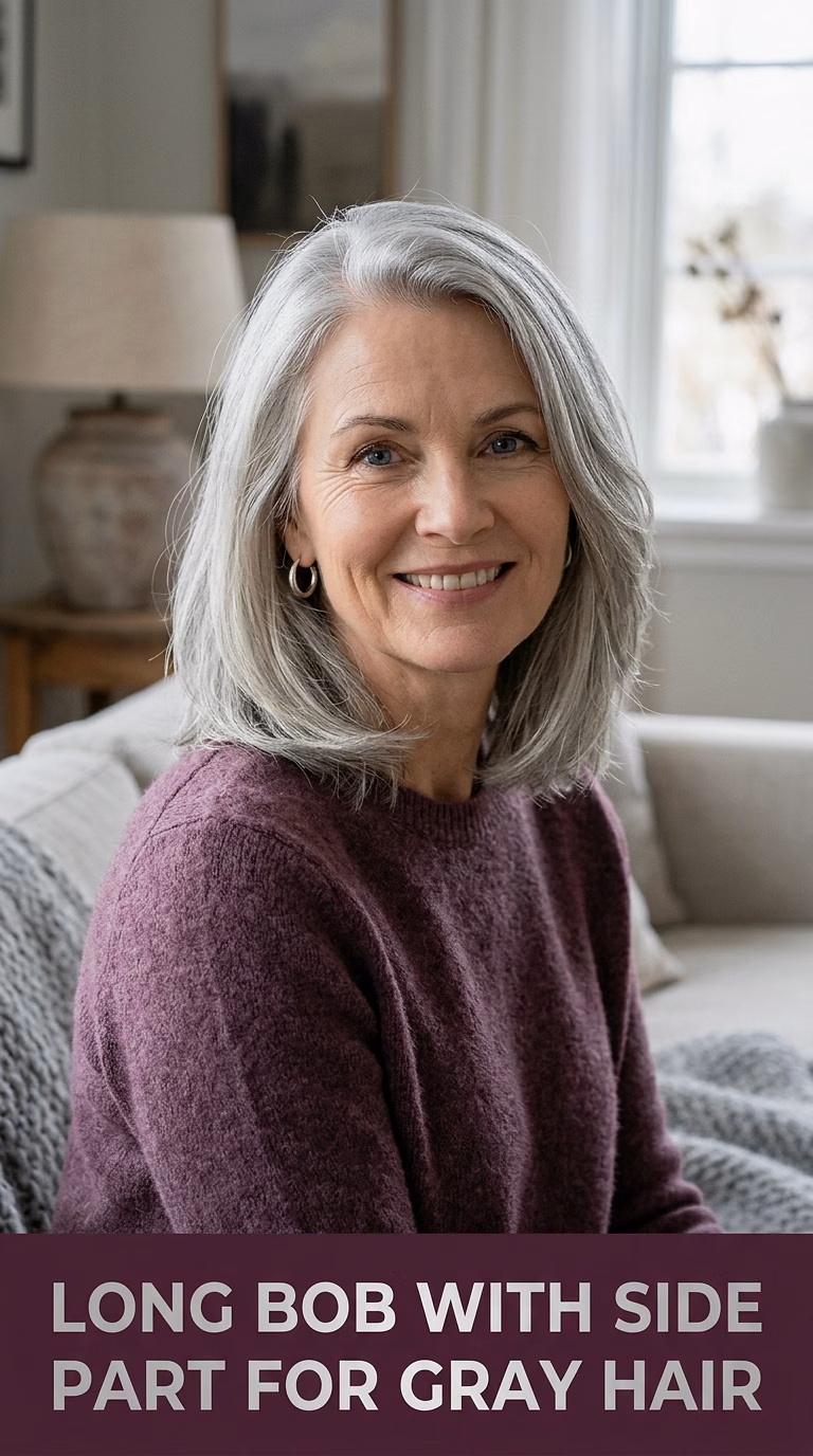 Long Bob With Side Part For Gray Hair