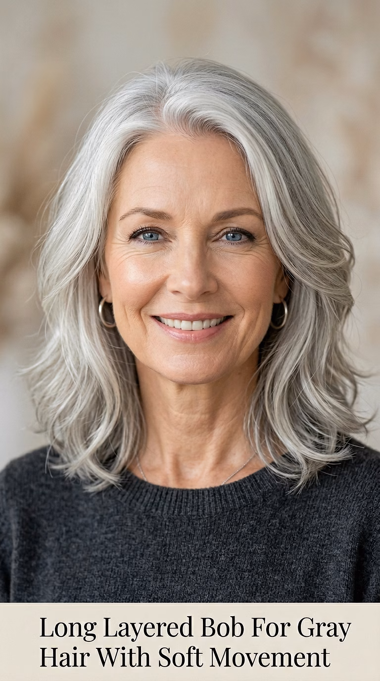 Long Layered Bob For Gray Hair With Soft Movement
