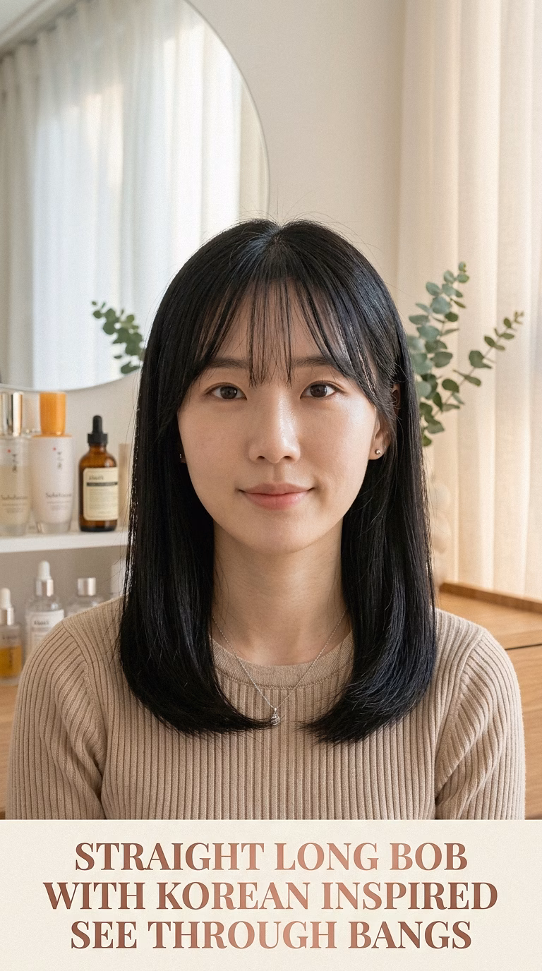 Straight Long Bob With Korean Inspired See Through Bangs