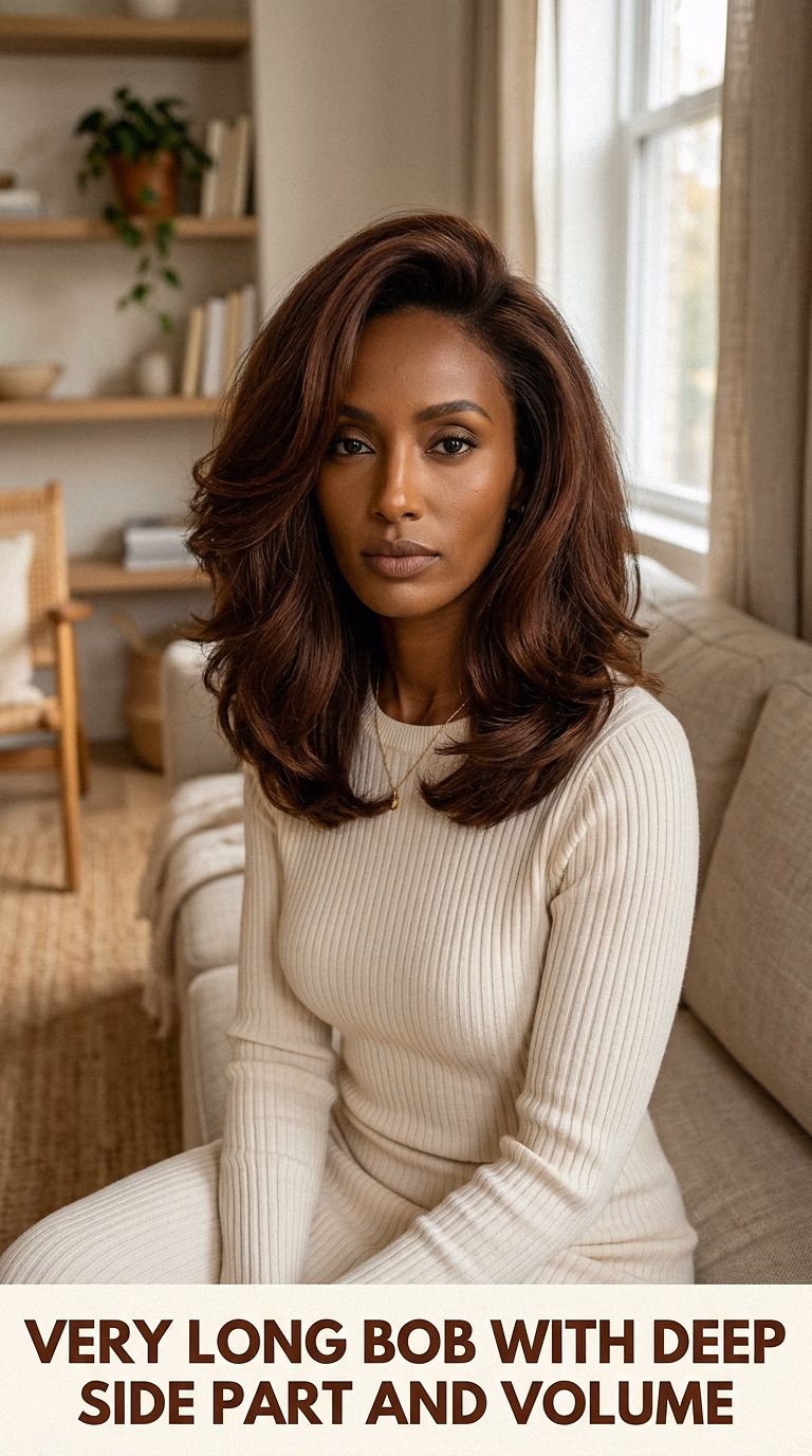 Very Long Bob With Deep Side Part And Volume