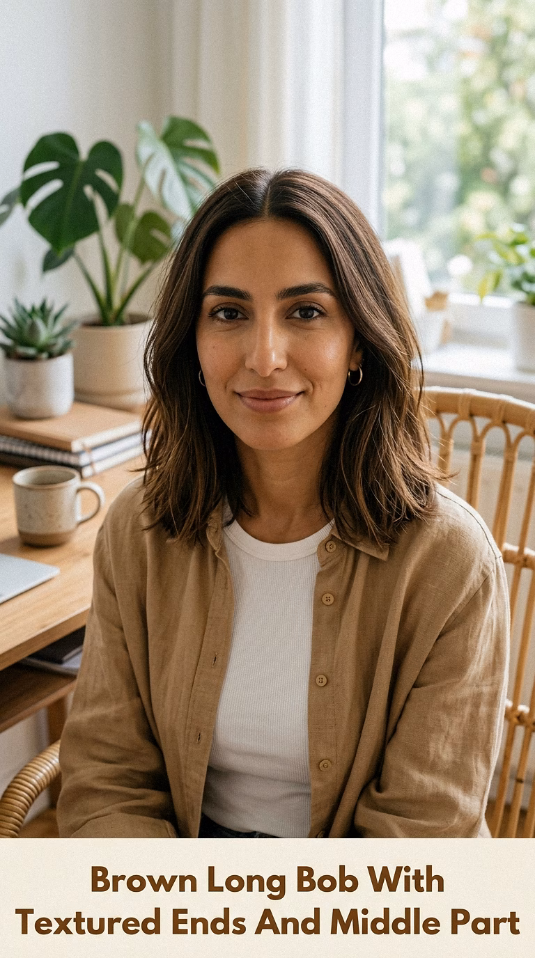 Brown Long Bob With Textured Ends And Middle Part