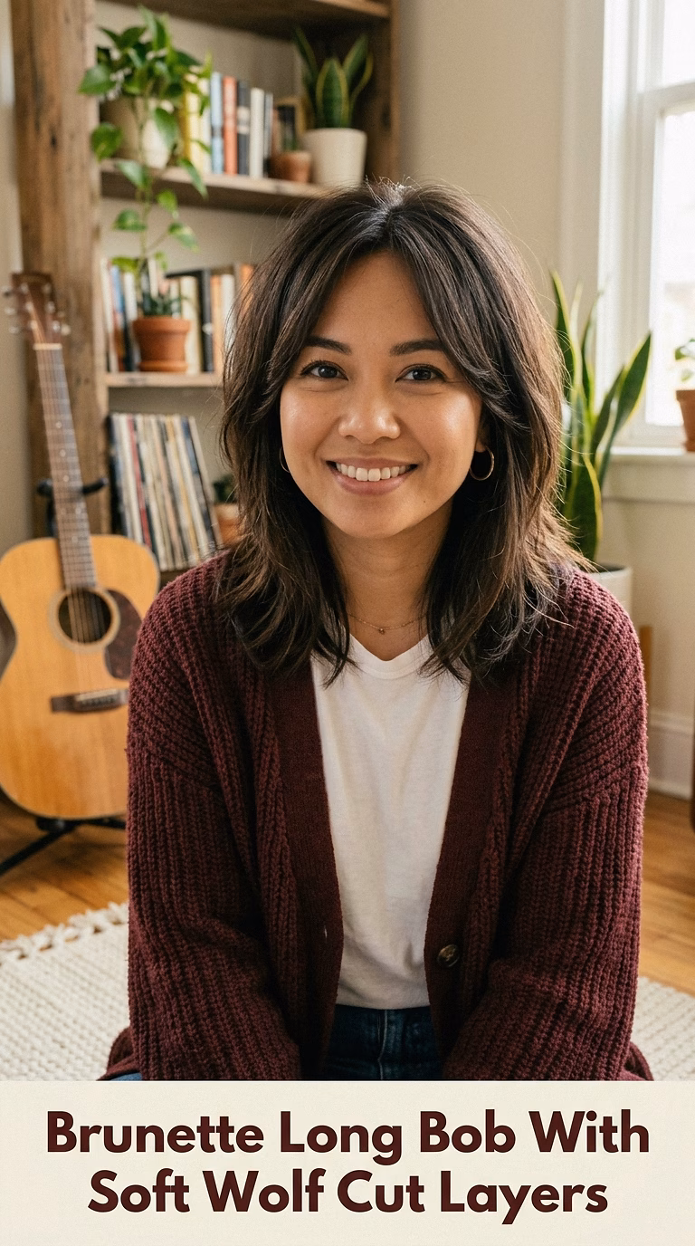 Brunette Long Bob With Soft Wolf Cut Layers