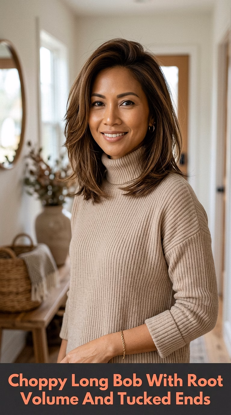 Choppy Long Bob With Root Volume And Tucked Ends
