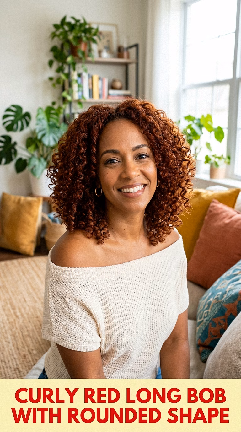 Curly Red Long Bob With Rounded Shape