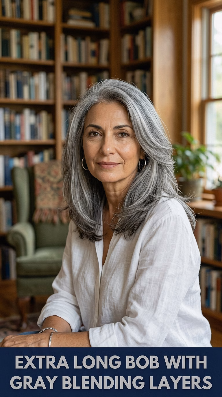 Extra Long Bob With Gray Blending Layers