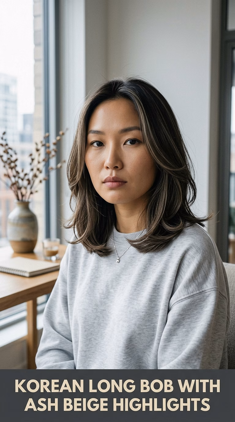 Korean Long Bob With Ash Beige Highlights