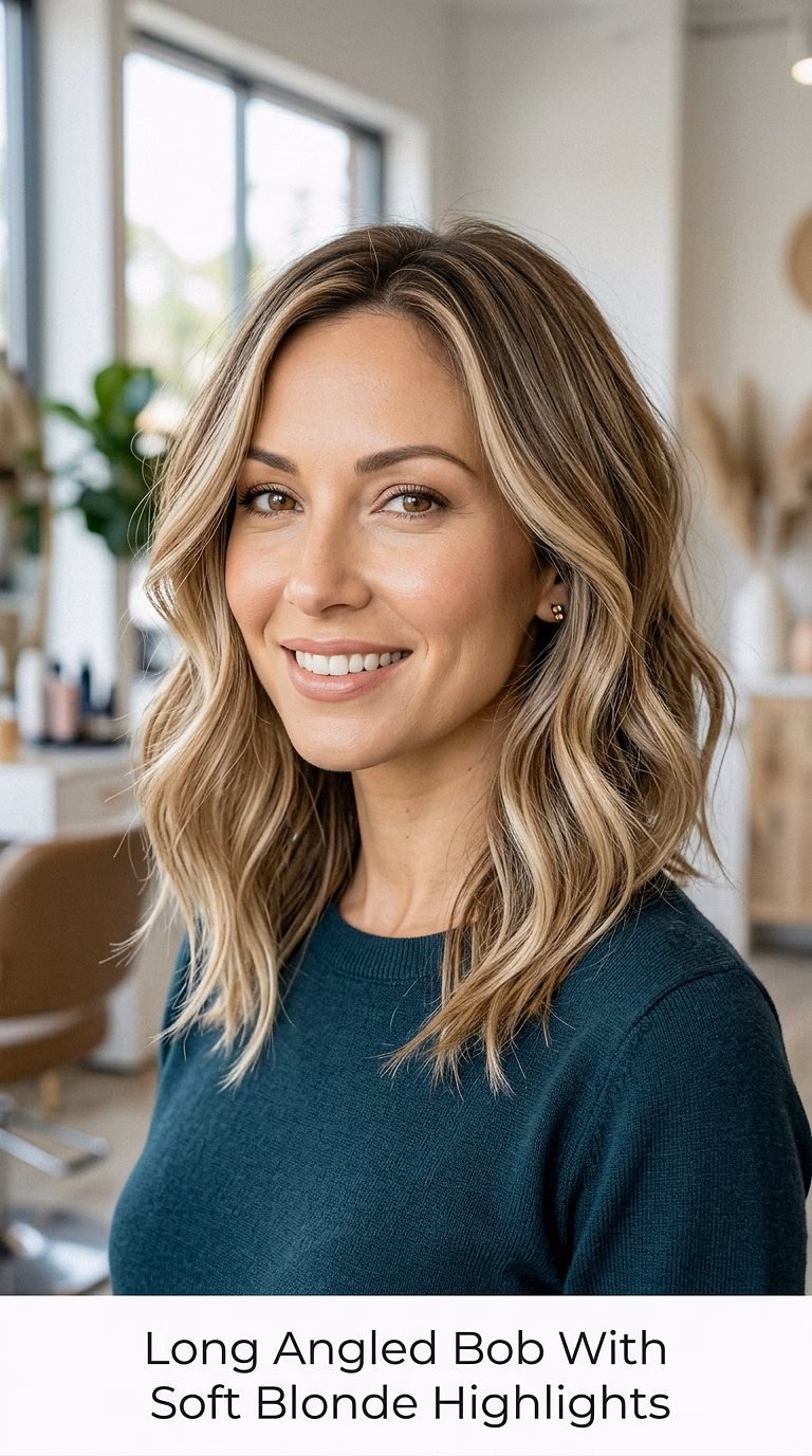 Long Angled Bob With Soft Blonde Highlights