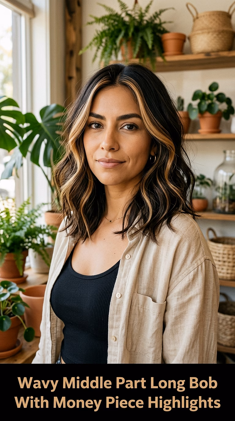 Wavy Middle Part Long Bob With Money Piece Highlights
