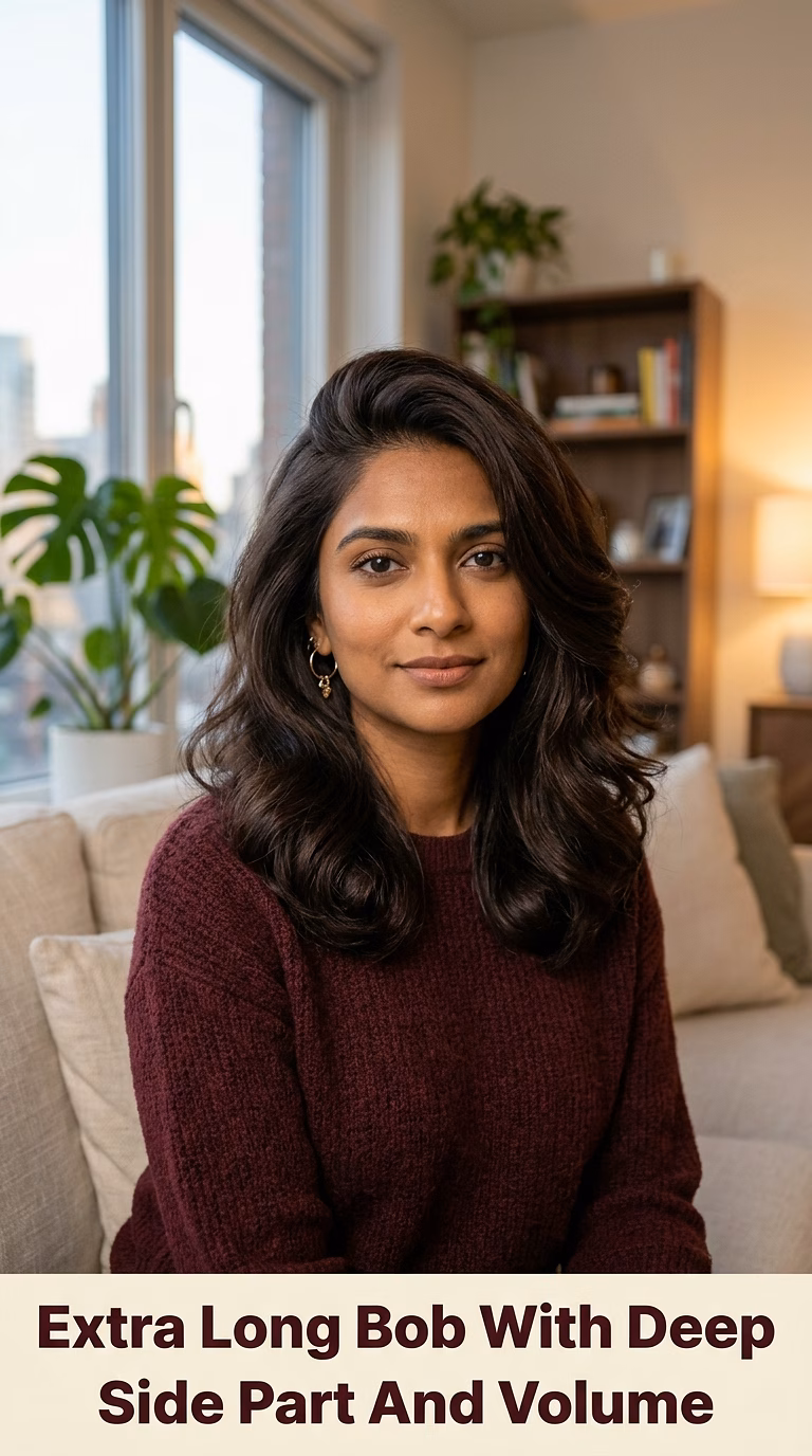 Extra Long Bob With Deep Side Part And Volume