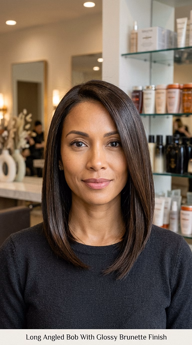 Long Angled Bob With Glossy Brunette Finish