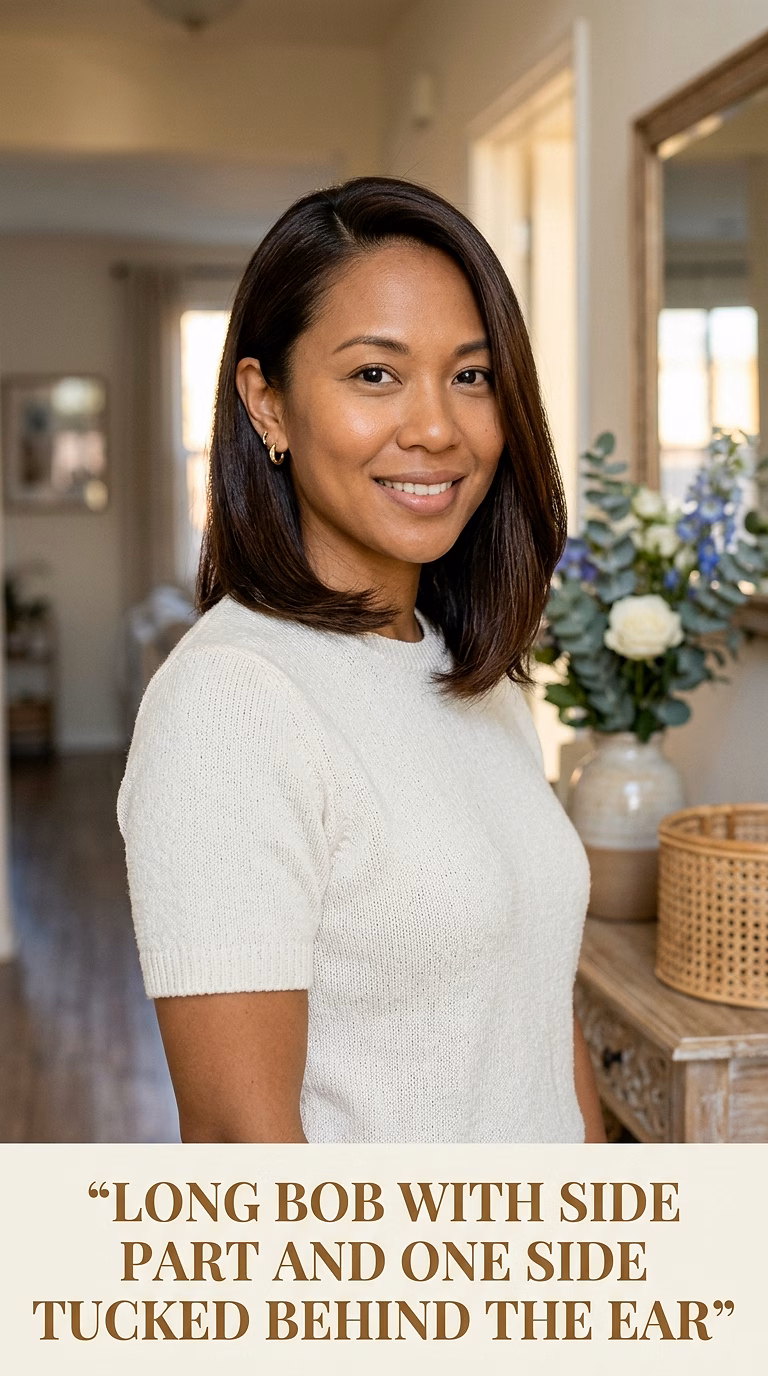 Long Bob With Side Part And One Side Tucked Behind The Ear