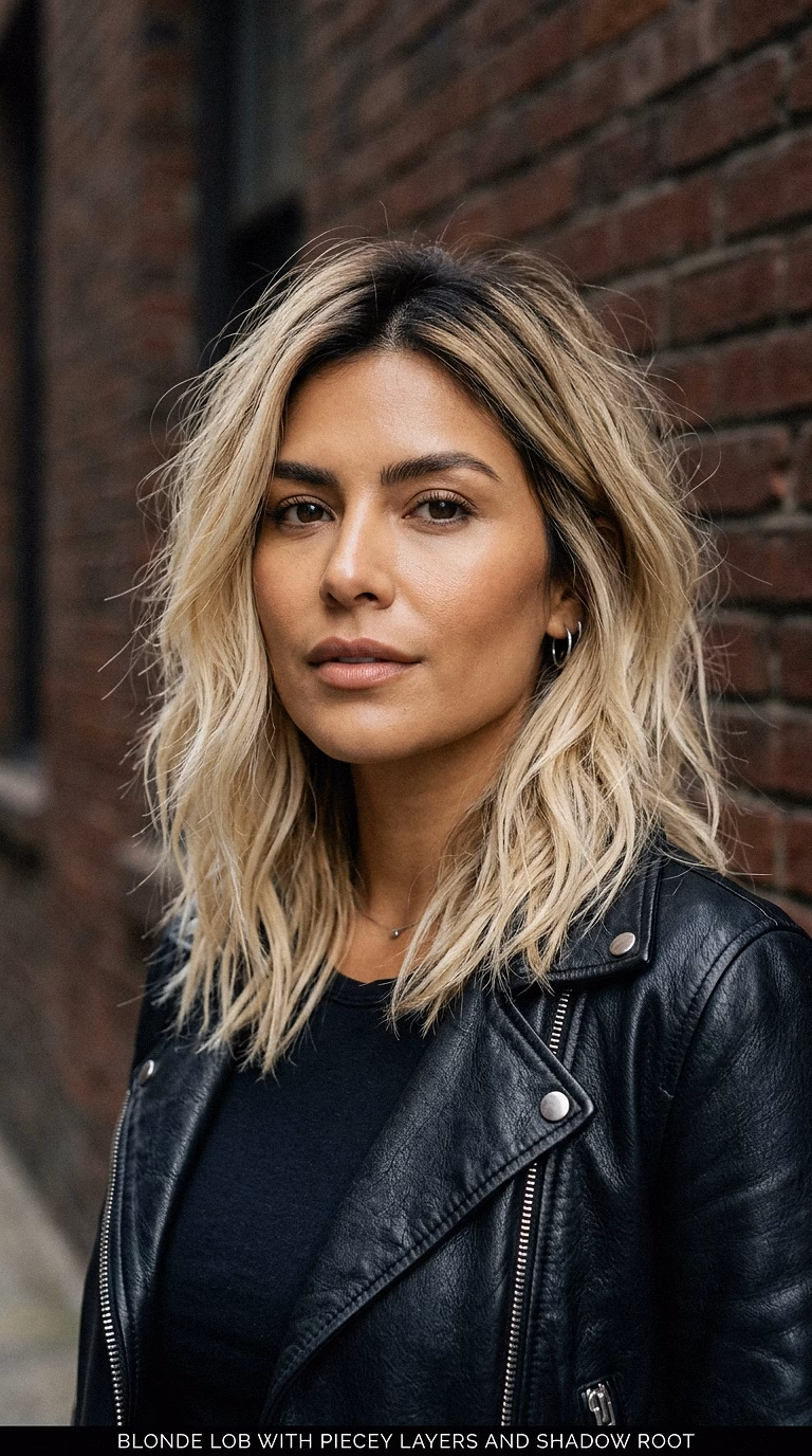 Blonde Lob With Piecey Layers And Shadow Root