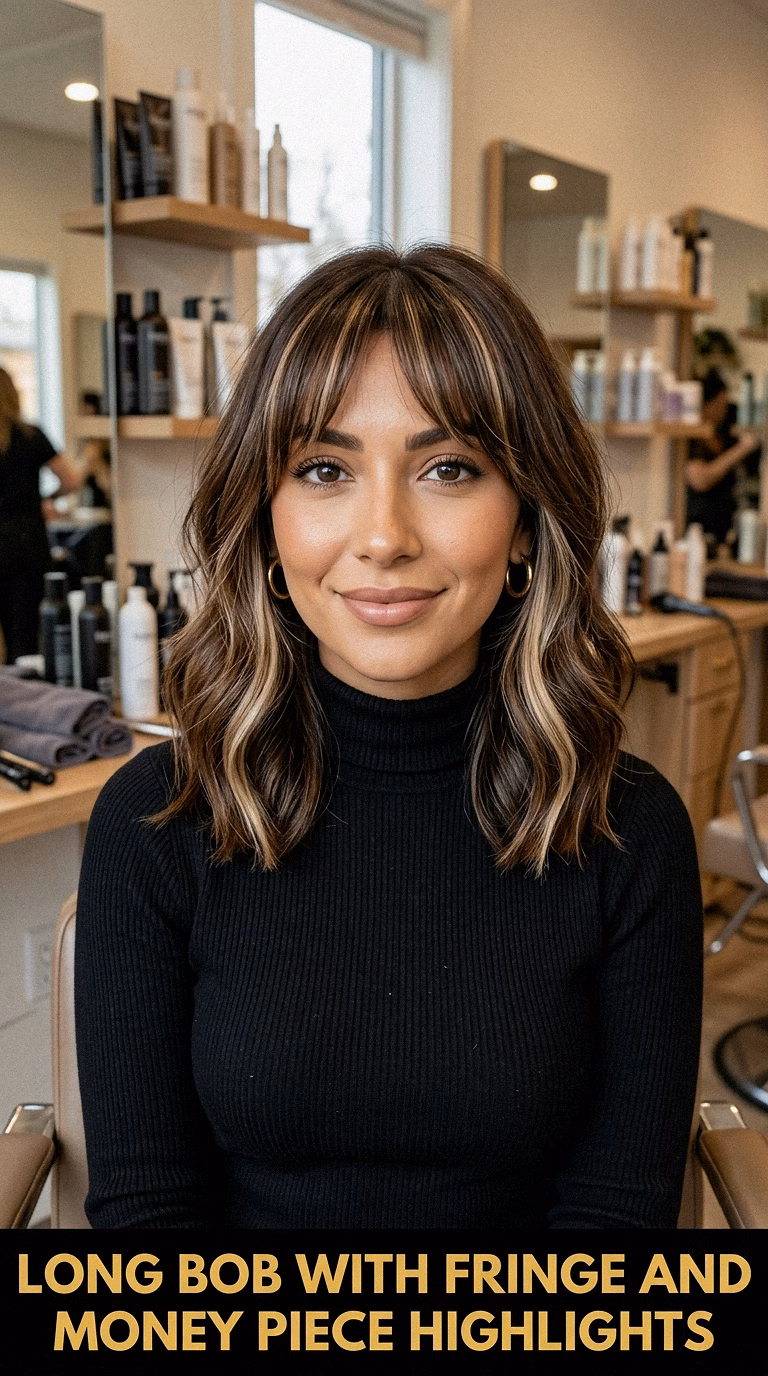 Long Bob With Fringe And Money Piece Highlights