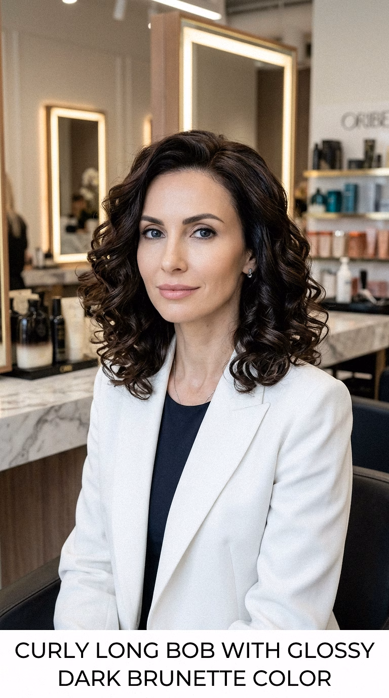 Curly Long Bob With Glossy Dark Brunette Color