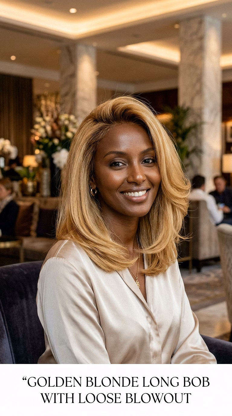 Golden Blonde Long Bob With Loose Blowout