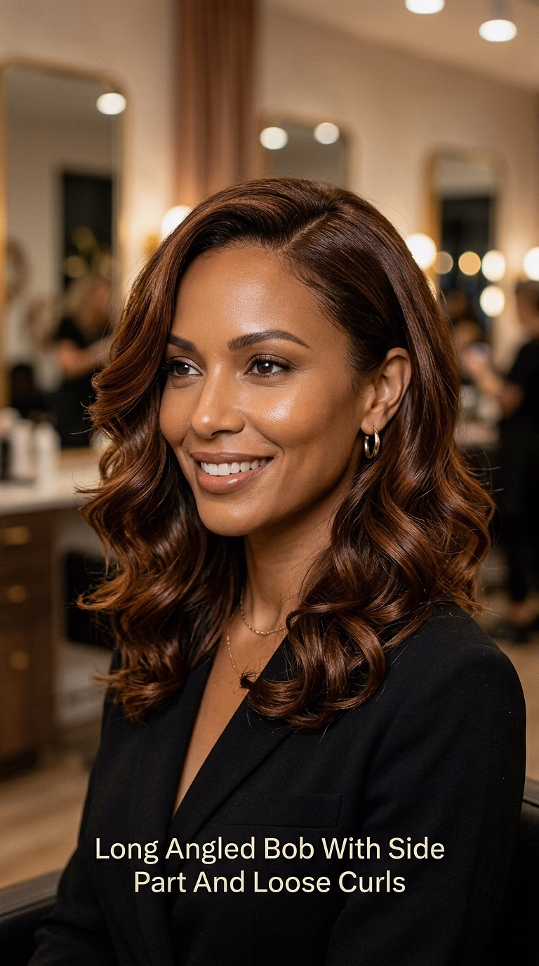 Long Angled Bob With Side Part And Loose Curls