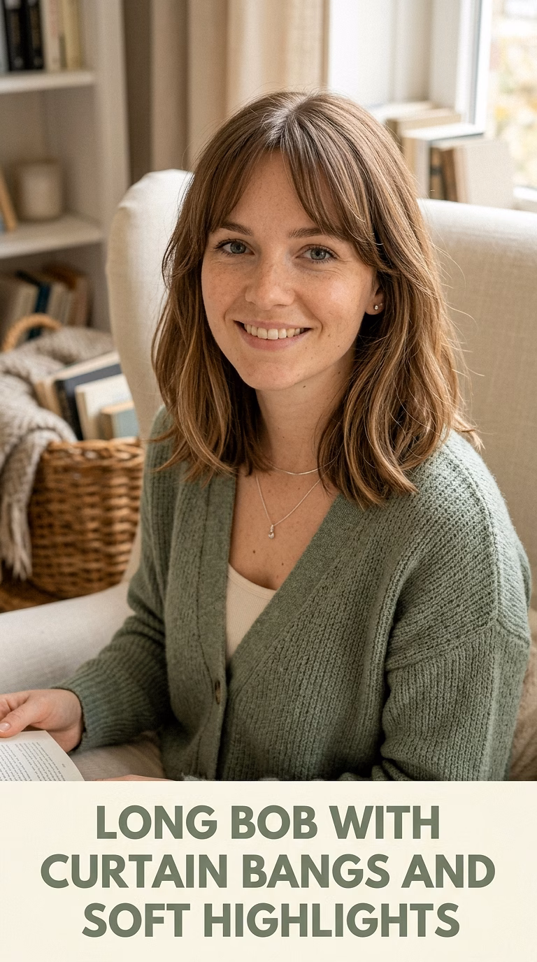 Long Bob With Curtain Bangs And Soft Highlights