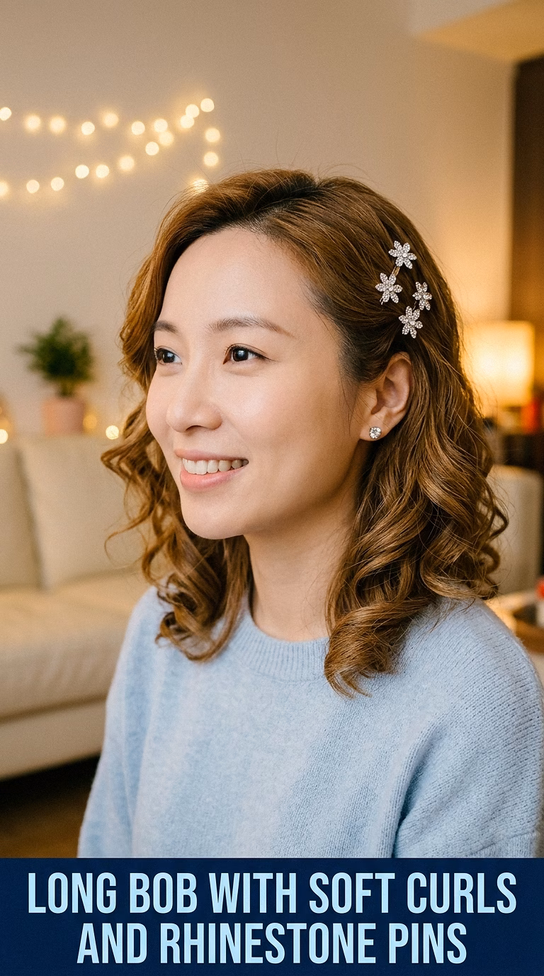 Long Bob With Soft Curls And Rhinestone Pins