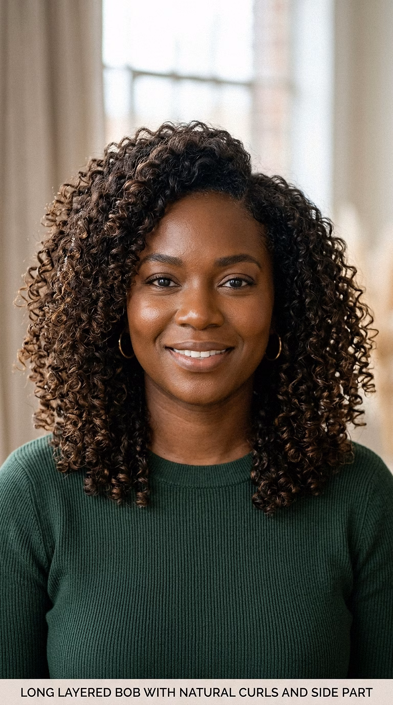 Long Layered Bob With Natural Curls And Side Part