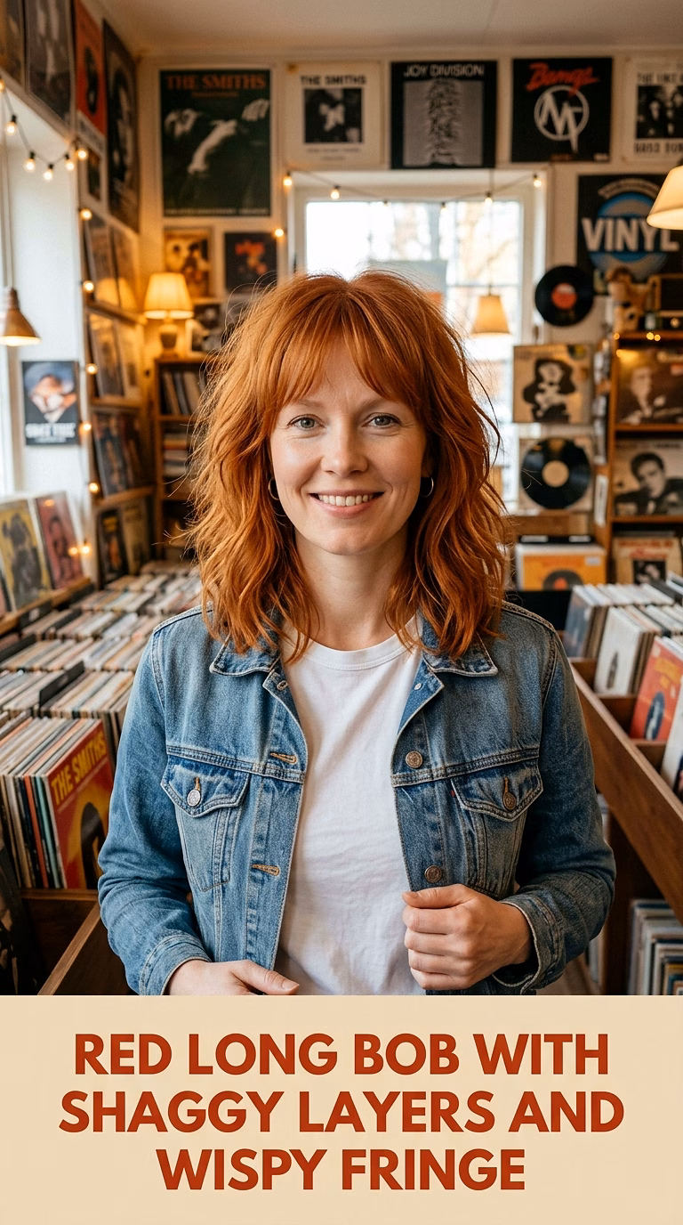 Red Long Bob With Shaggy Layers And Wispy Fringe
