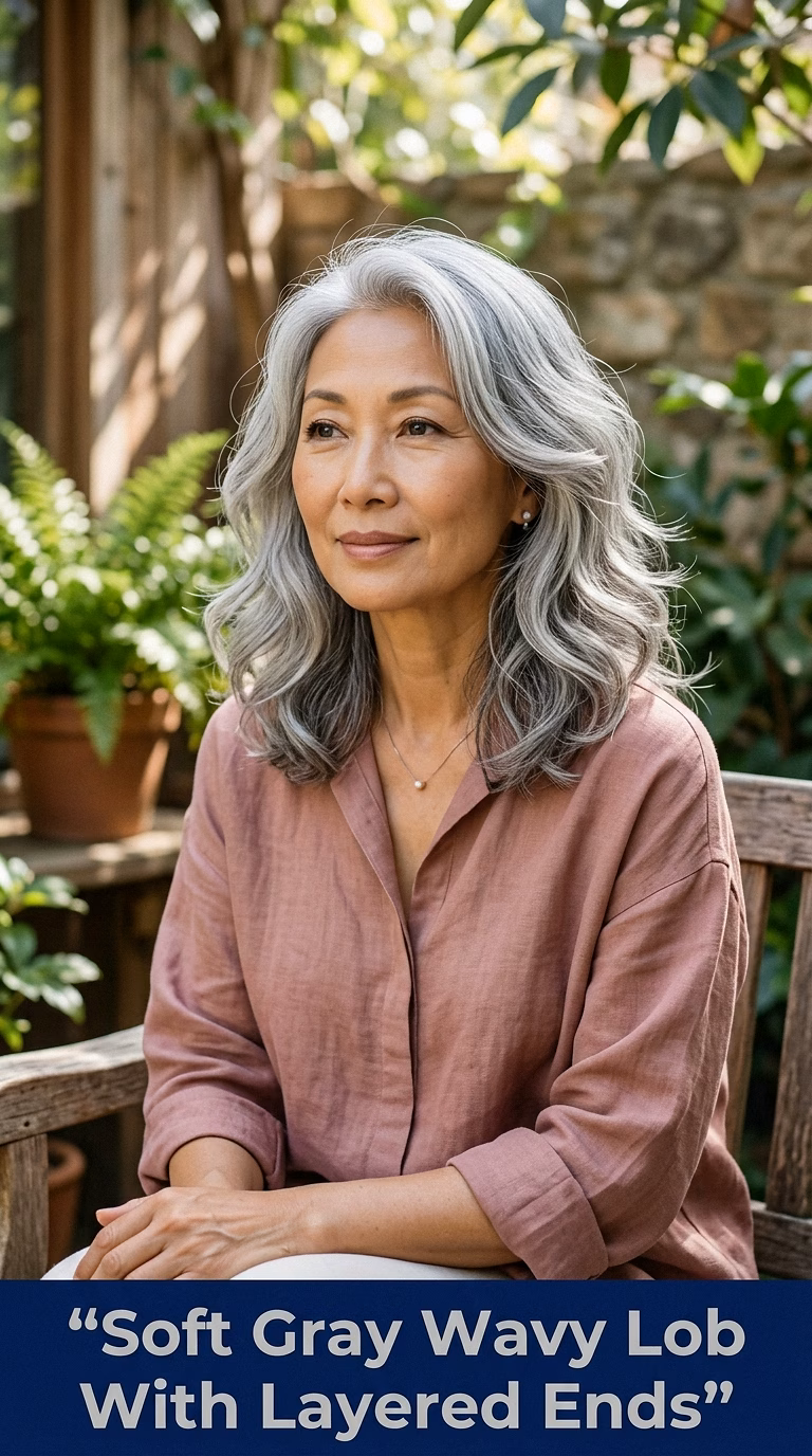 Soft Gray Wavy Lob With Layered Ends