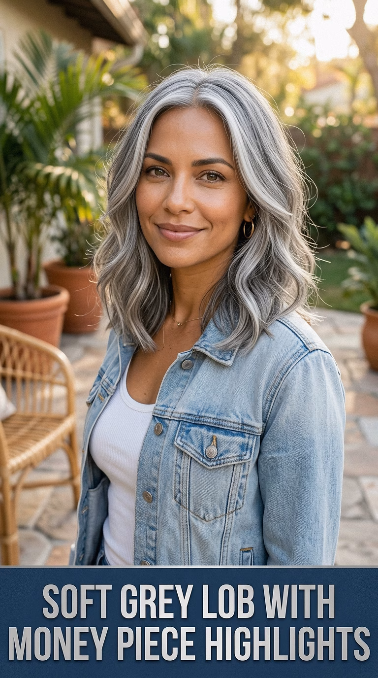 Soft Grey Lob With Money Piece Highlights