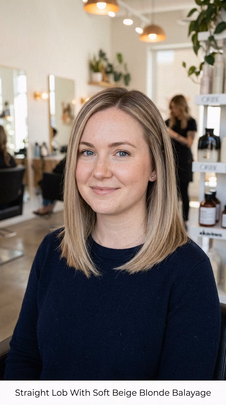 Straight Lob With Soft Beige Blonde Balayage