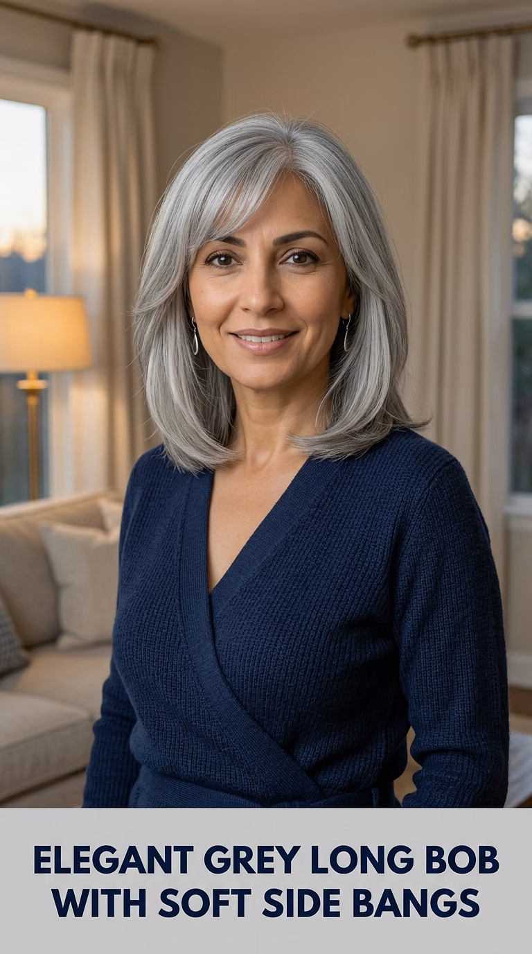 Elegant Grey Long Bob With Soft Side Bangs