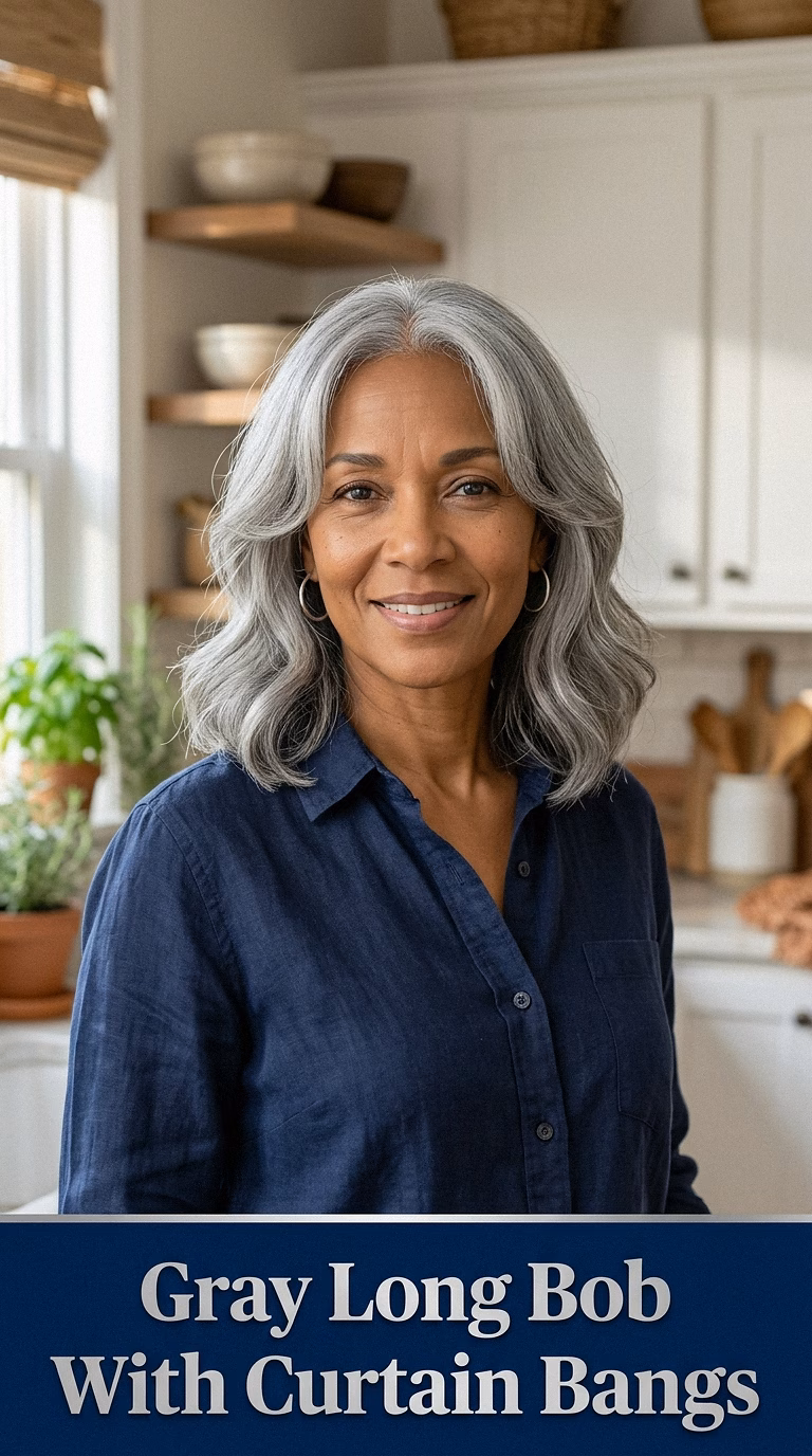 Gray Long Bob With Curtain Bangs