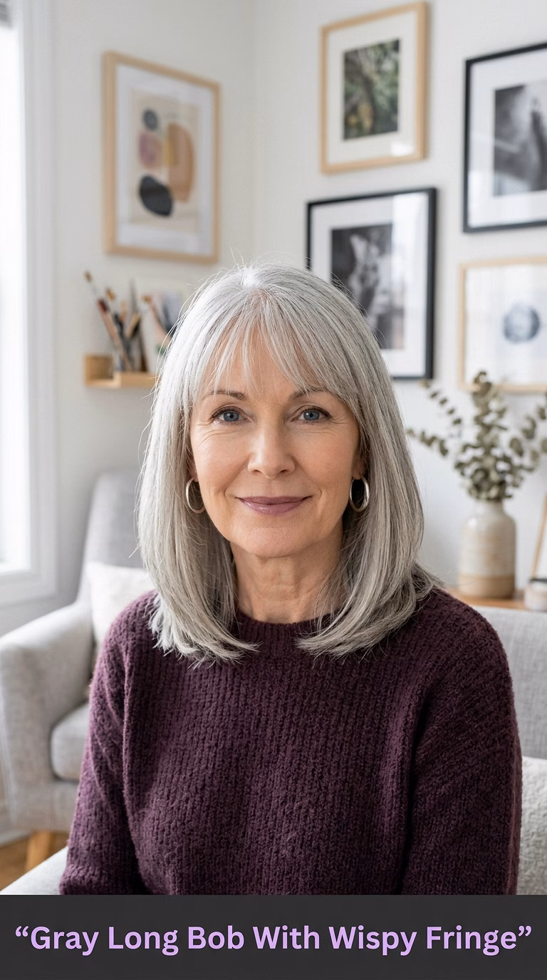Gray Long Bob With Wispy Fringe