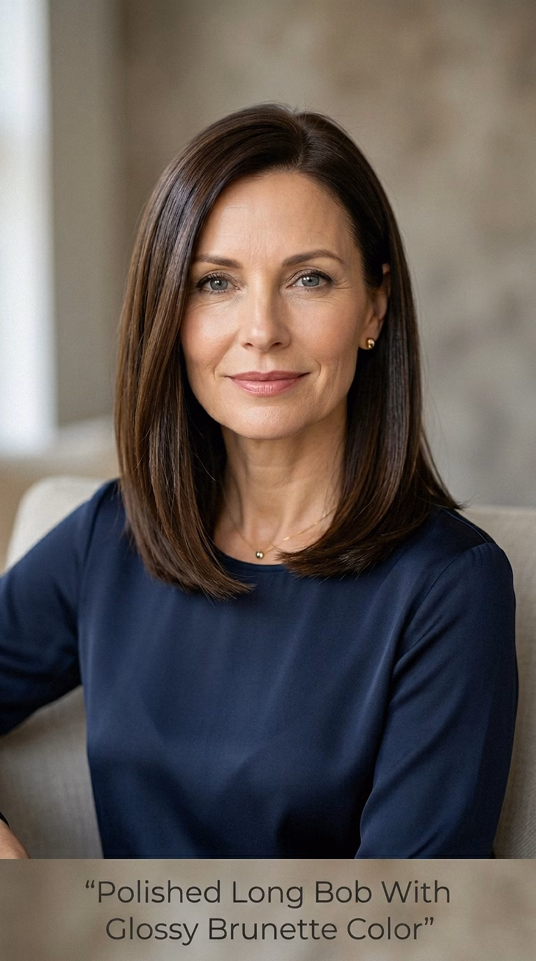 Polished Long Bob With Glossy Brunette Color