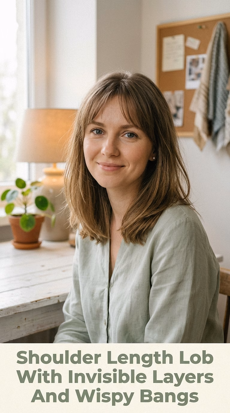 Shoulder Length Lob With Invisible Layers And Wispy Bangs
