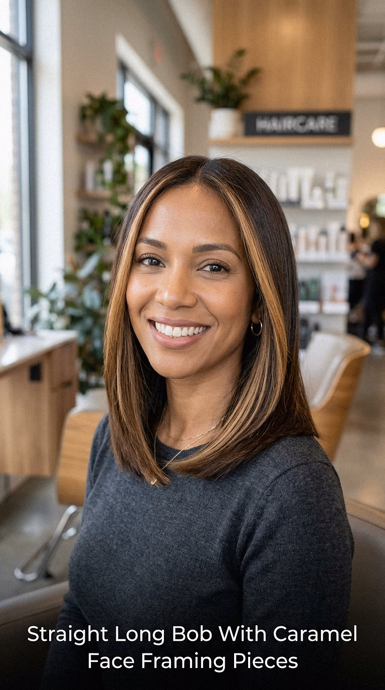 Straight Long Bob With Caramel Face Framing Pieces