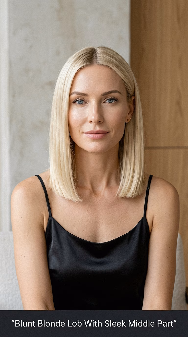 Blunt Blonde Lob With Sleek Middle Part