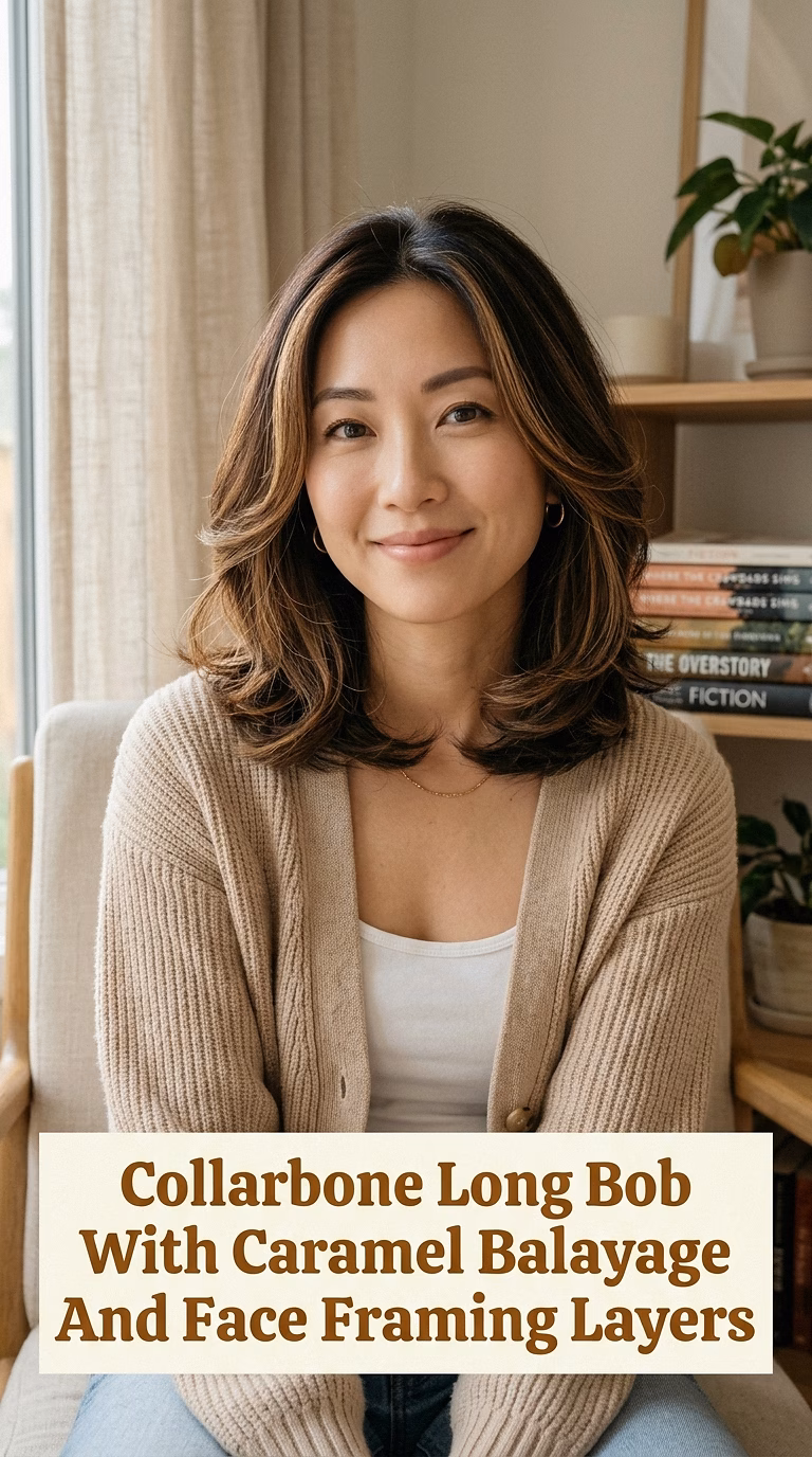 Collarbone Long Bob With Caramel Balayage And Face Framing Layers