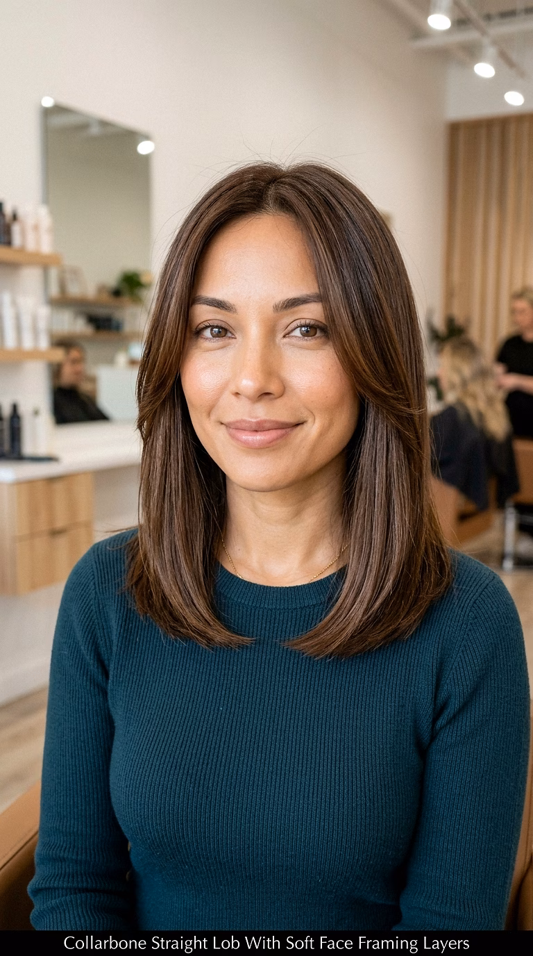 Collarbone Straight Lob With Soft Face Framing Layers