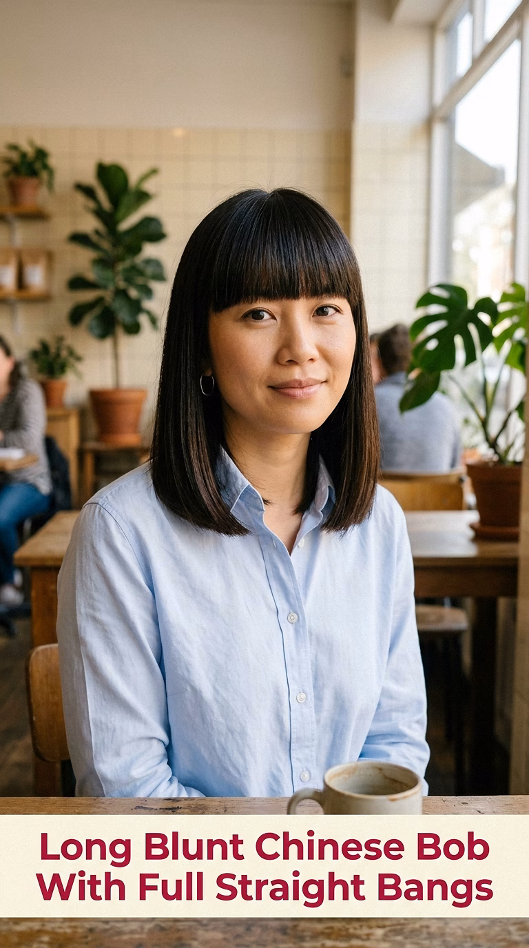Long Blunt Chinese Bob With Full Straight Bangs