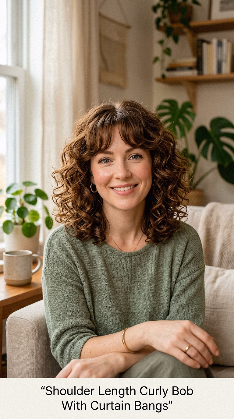 Shoulder Length Curly Bob With Curtain Bangs
