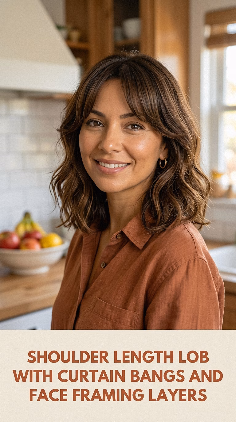 Shoulder Length Lob With Curtain Bangs And Face Framing Layers