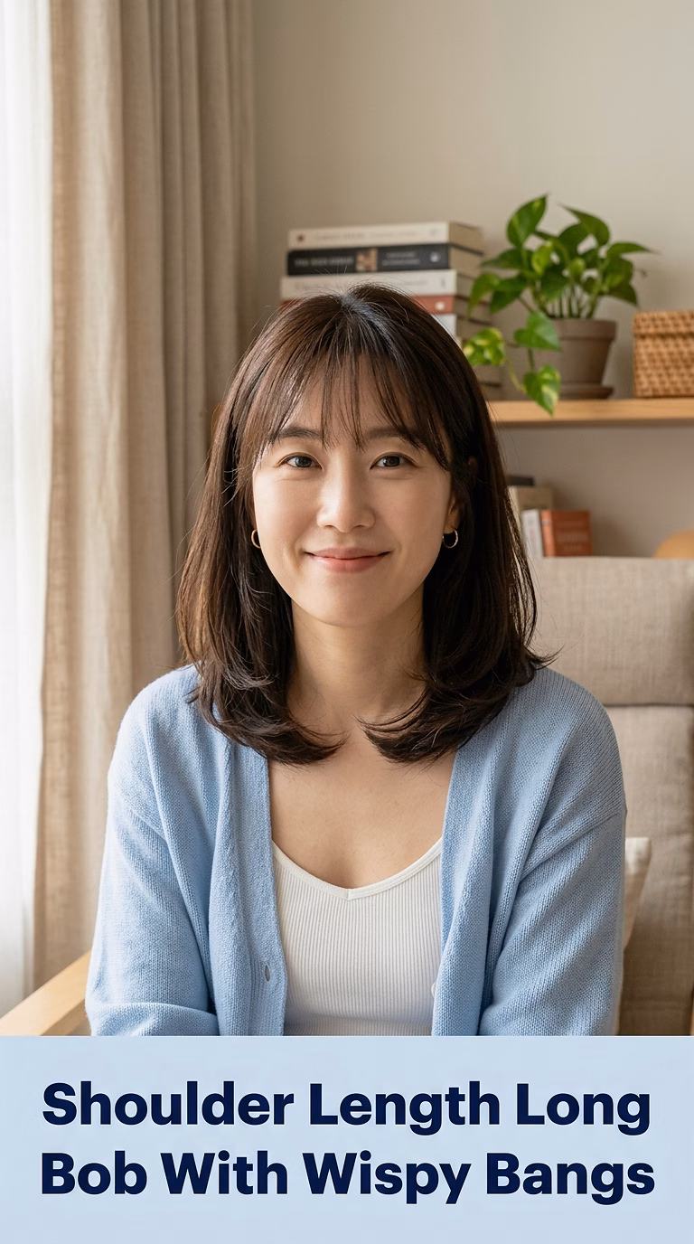 Shoulder Length Long Bob With Wispy Bangs