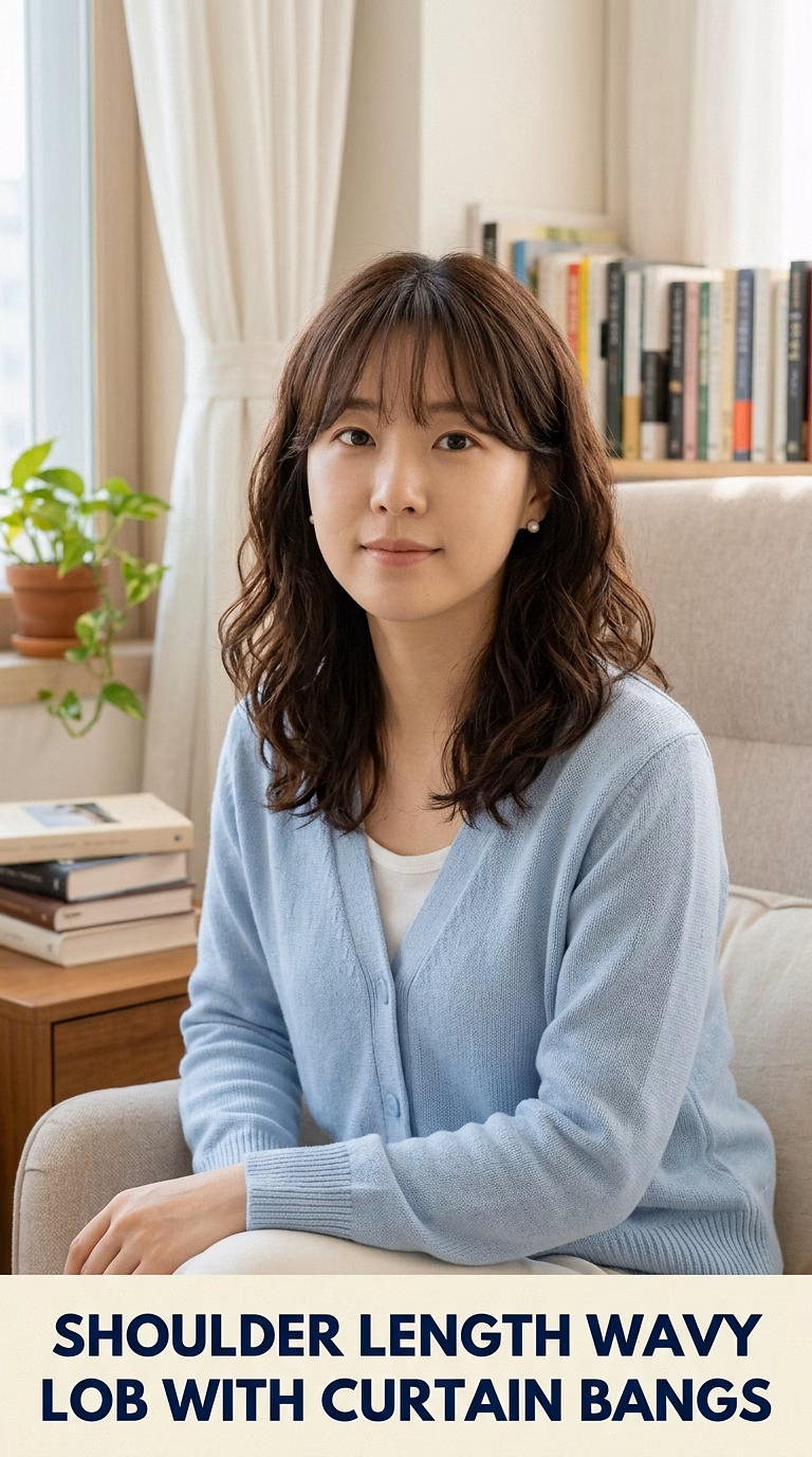Shoulder Length Wavy Lob With Curtain Bangs