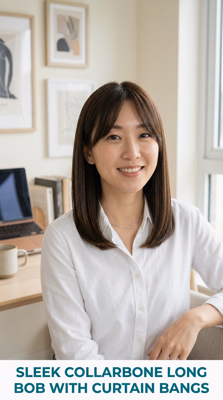 Sleek Collarbone Long Bob With Curtain Bangs