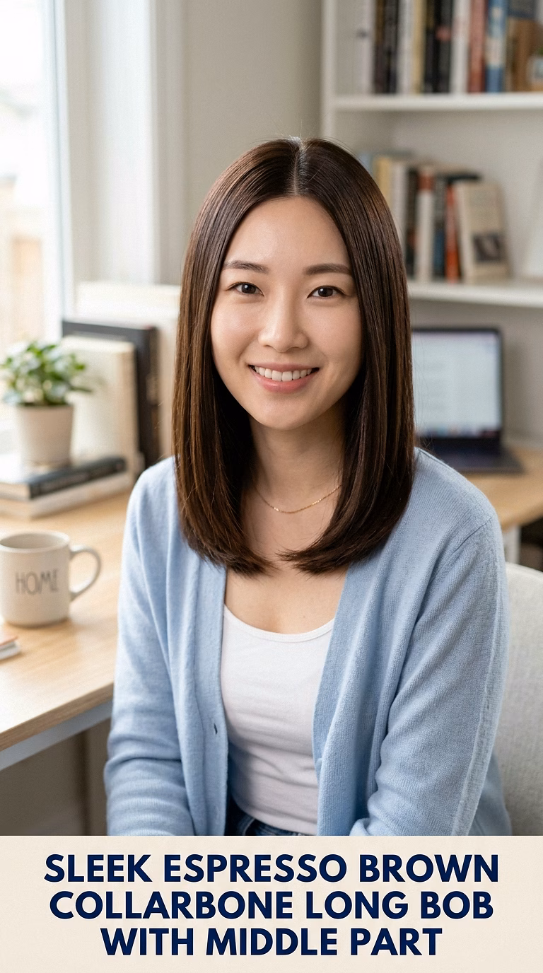 Sleek Espresso Brown Collarbone Long Bob With Middle Part