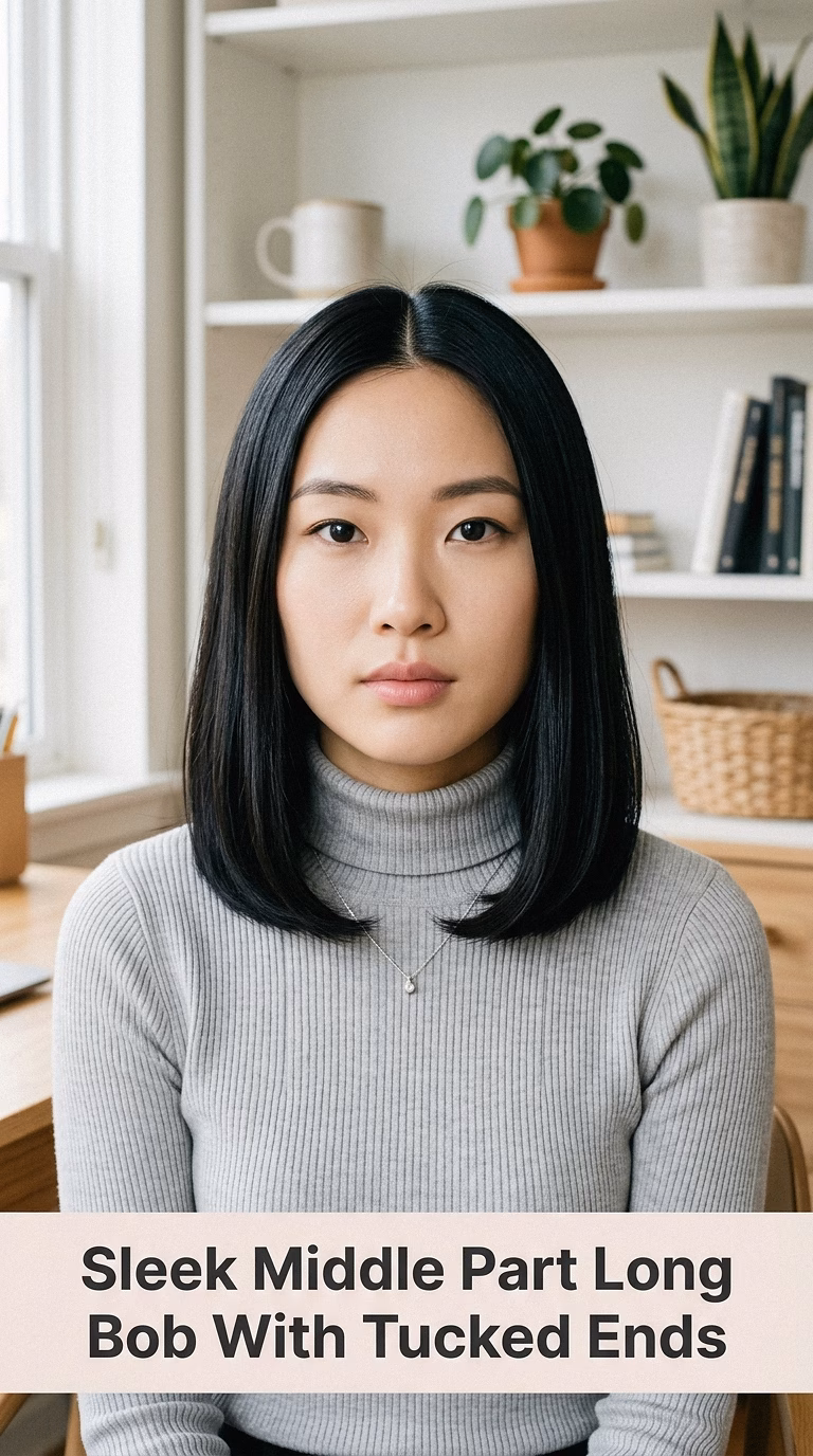 Sleek Middle Part Long Bob With Tucked Ends