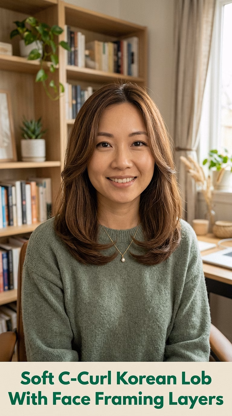 Soft C-Curl Korean Lob With Face Framing Layers