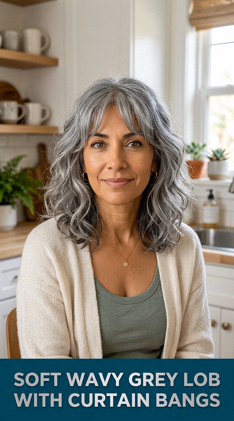 Soft Wavy Grey Lob With Curtain Bangs