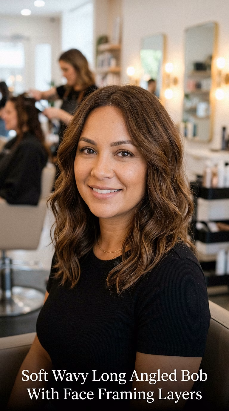 Soft Wavy Long Angled Bob With Face Framing Layers