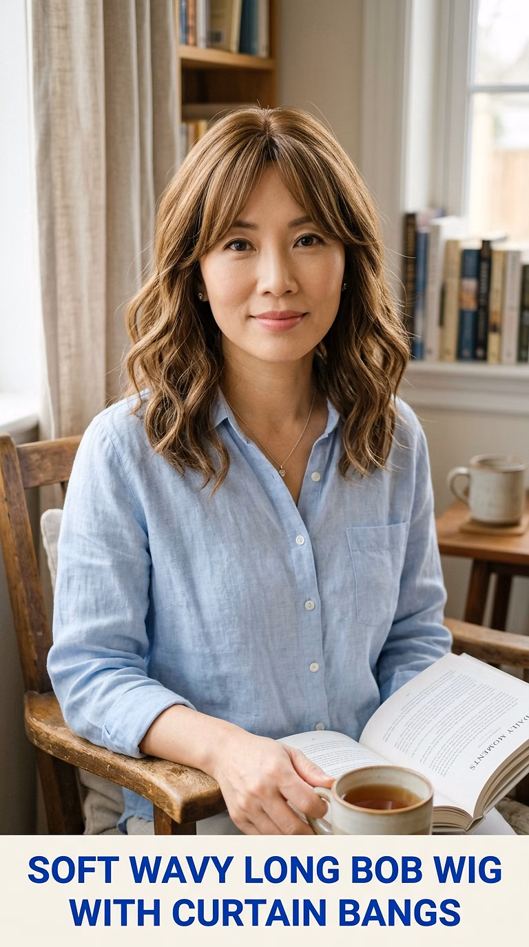 Soft Wavy Long Bob Wig With Curtain Bangs