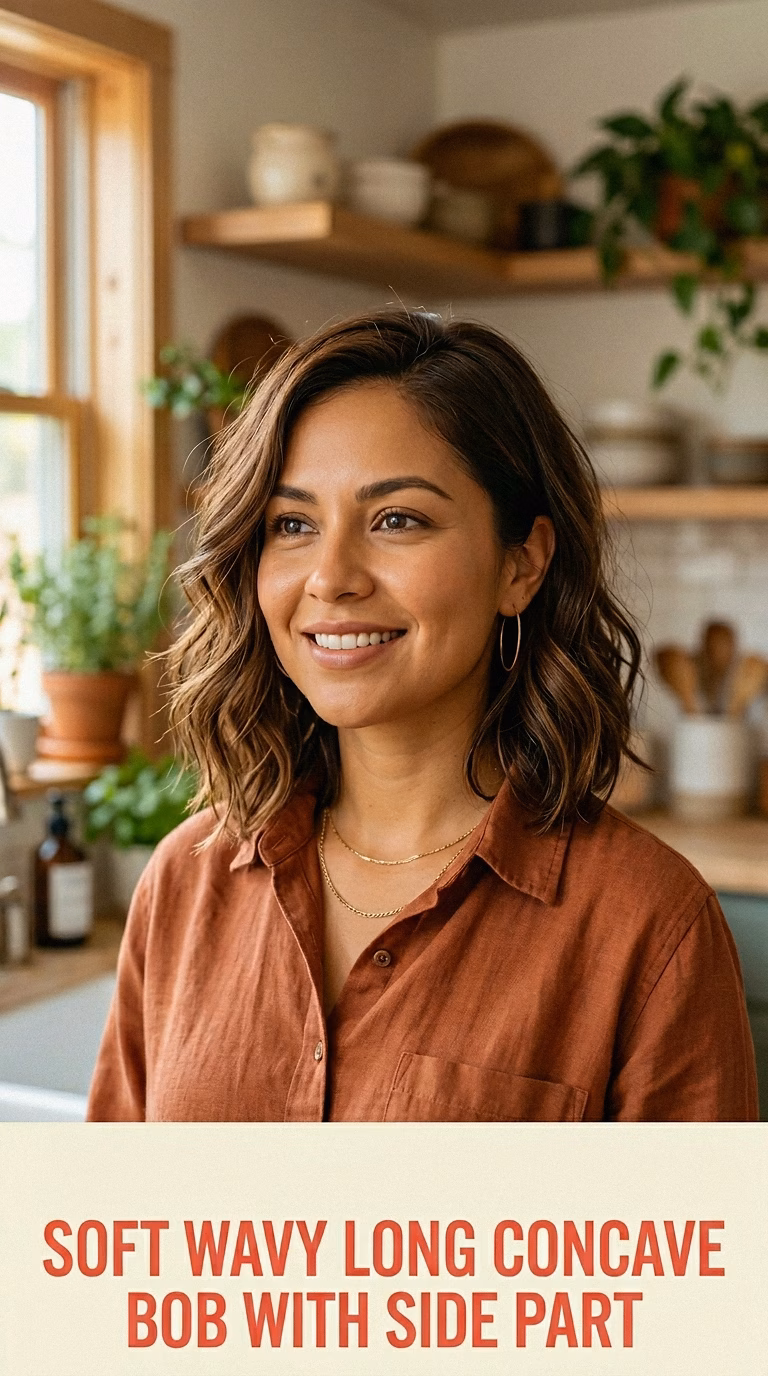Soft Wavy Long Concave Bob With Side Part